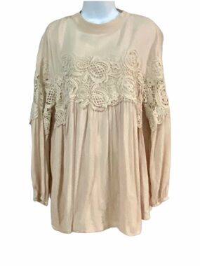 Cream Rayon Crochet Lace Boho Top Blouse  Large Feminine Modest  Fairy Neutral